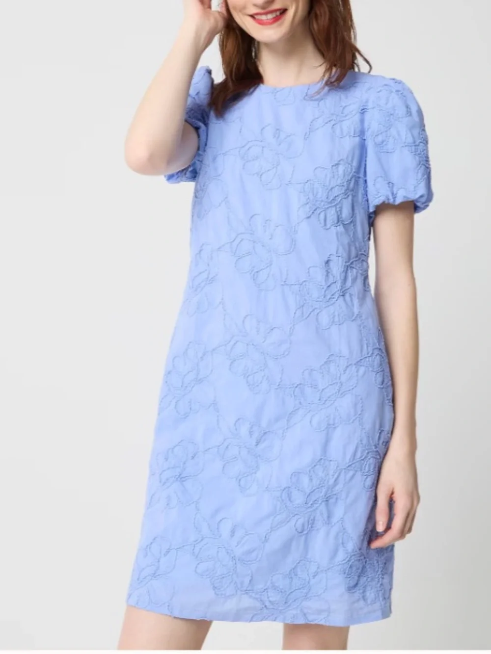 J crew dusty periwinkle embroidered puff-sleeve mini dress
